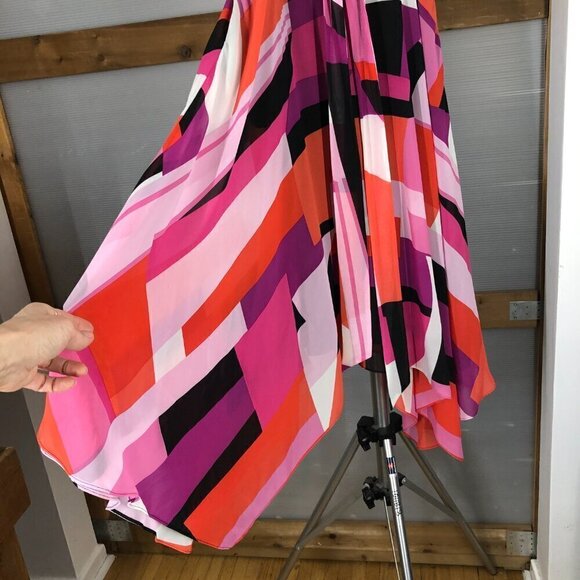 SLNY Black Scoop Neck Cap Sleeve Chiffon Multicolor Asymmetrical Maxi Dress Sz8 - Picture 5 of 16
